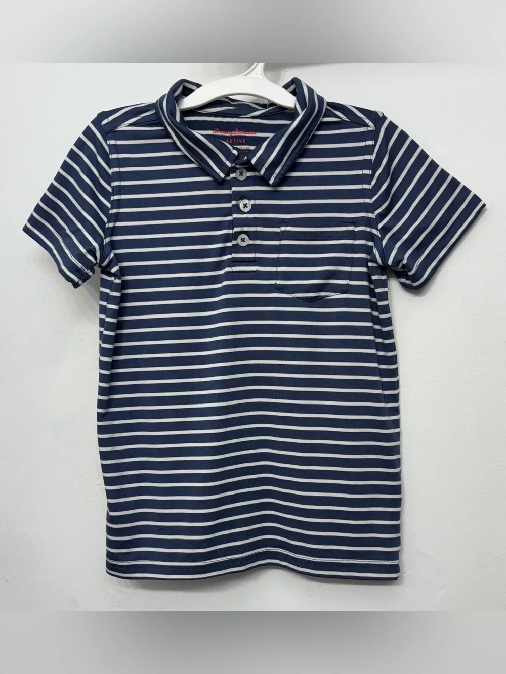 Tommy Bahama Active White & Blue Striped Short Sleeve Polo Boys Size Small 5/6